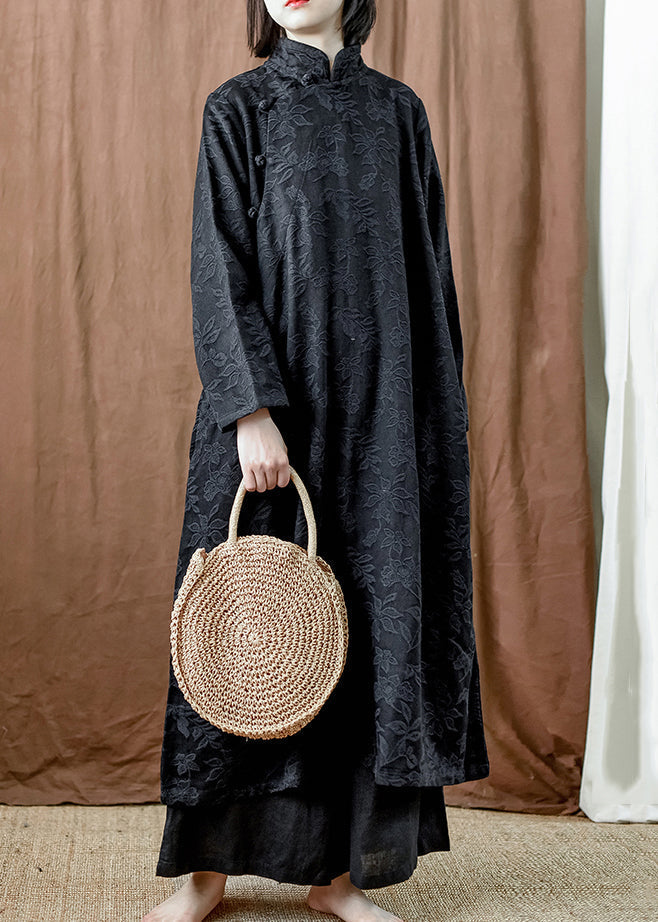 Black Pockets Cotton Long Dresses Stand Collar Fall Mn064