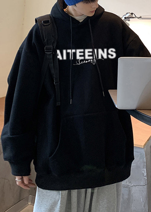 Black Pockets Loose Warm Fleece Spring Sweatshirt Hooded Yq024