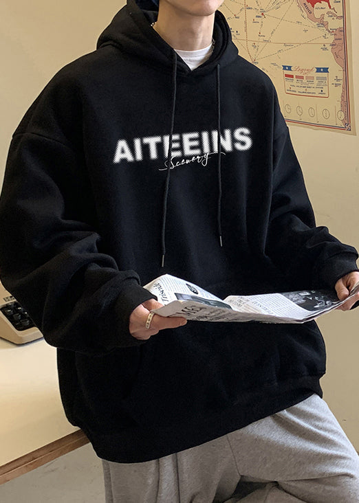 Black Pockets Loose Warm Fleece Spring Sweatshirt Hooded Yq024