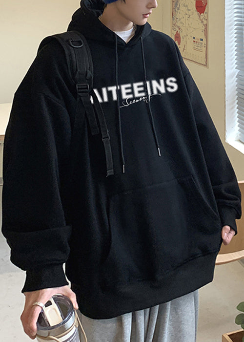 Black Pockets Loose Warm Fleece Spring Sweatshirt Hooded Yq024