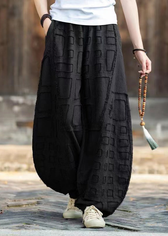 Black Pockets Patchwork Linen Lantern Pants Elastic Waist Fall Ru012