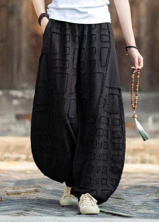 Black Pockets Patchwork Linen Lantern Pants Elastic Waist Fall Ru012