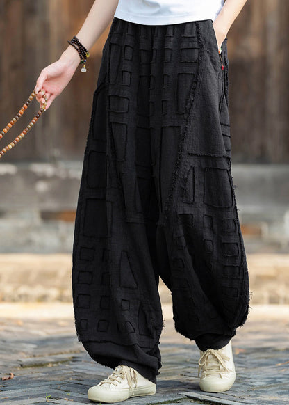Black Pockets Patchwork Linen Lantern Pants Elastic Waist Fall Ru012
