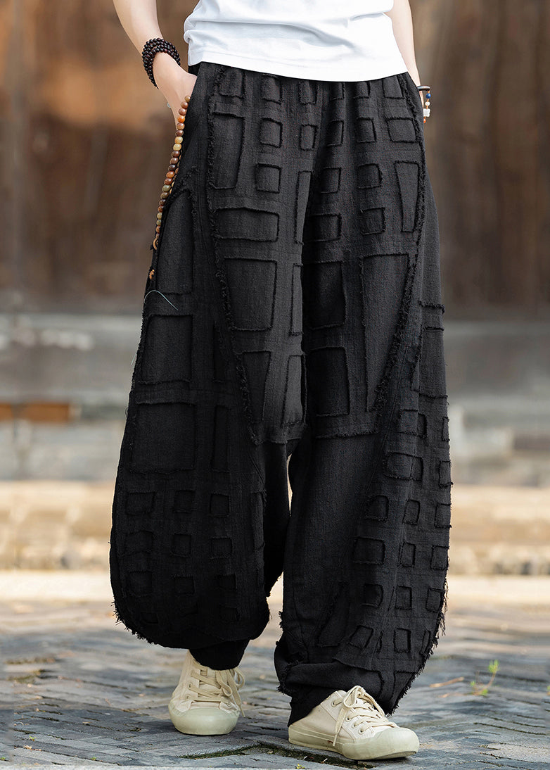 Black Pockets Patchwork Linen Lantern Pants Elastic Waist Fall Ru012