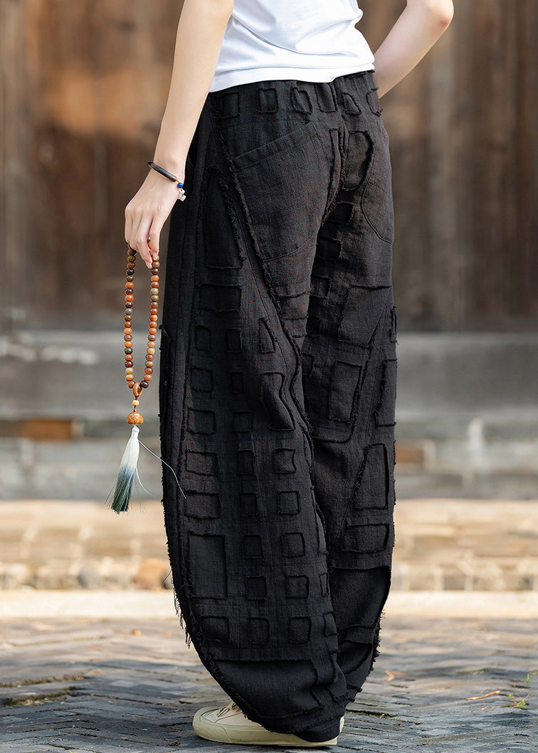 Black Pockets Patchwork Linen Lantern Pants Elastic Waist Fall Ru012