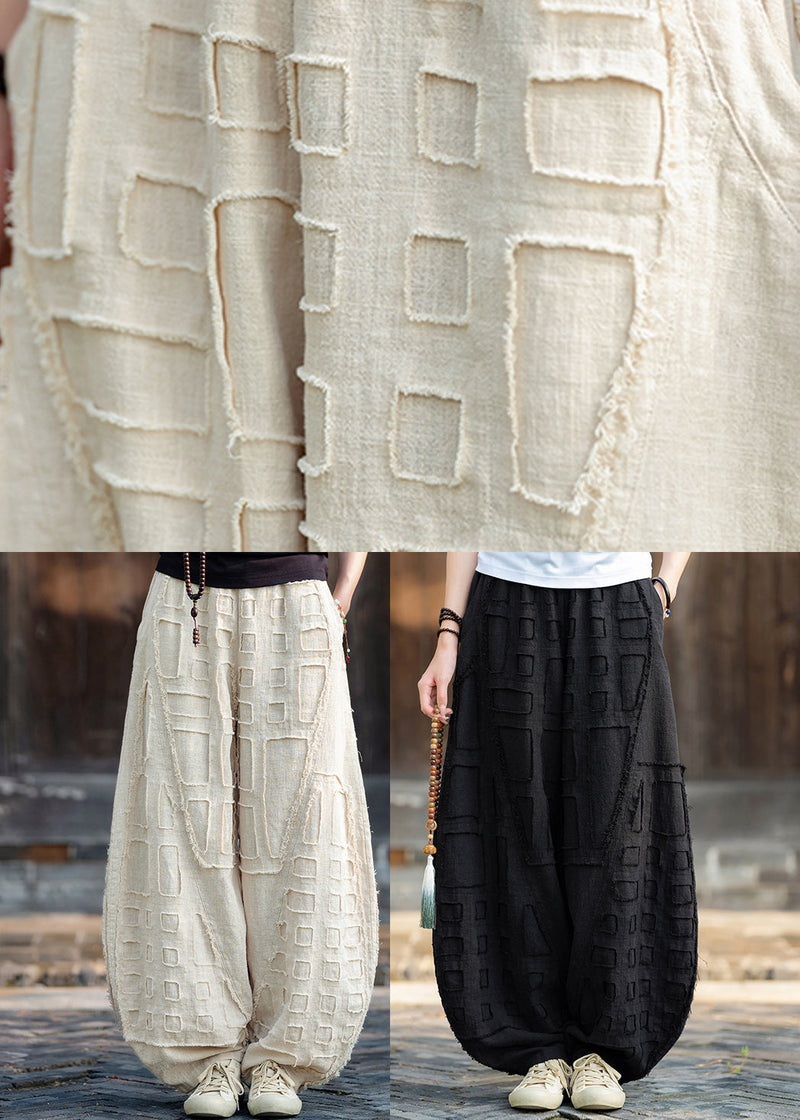Black Pockets Patchwork Linen Lantern Pants Elastic Waist Fall Ru012
