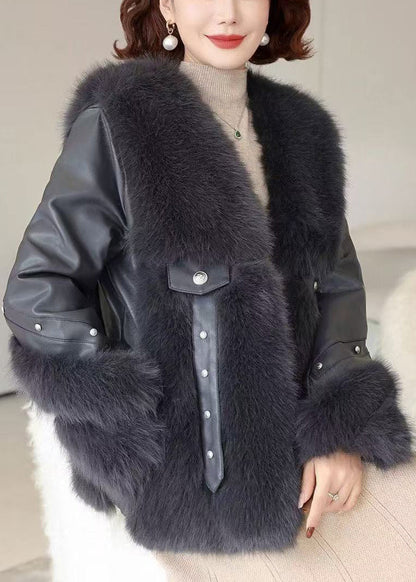 Black Pockets Patchwork Mink Velvet Coats V Neck Winter Rz023