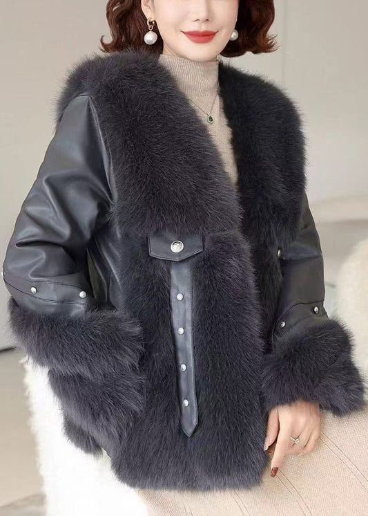 Black Pockets Patchwork Mink Velvet Coats V Neck Winter Rz023