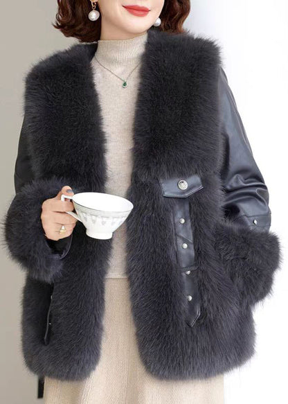 Black Pockets Patchwork Mink Velvet Coats V Neck Winter Rz023