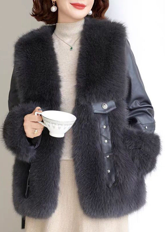 Black Pockets Patchwork Mink Velvet Coats V Neck Winter Rz023