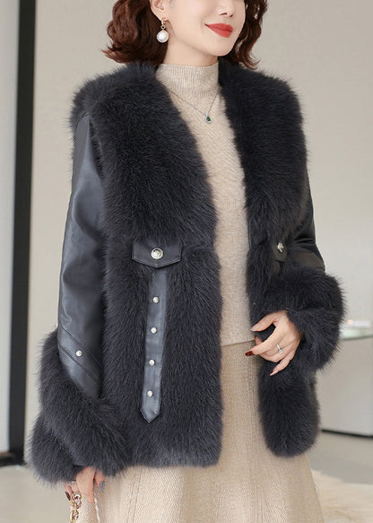 Black Pockets Patchwork Mink Velvet Coats V Neck Winter Rz023