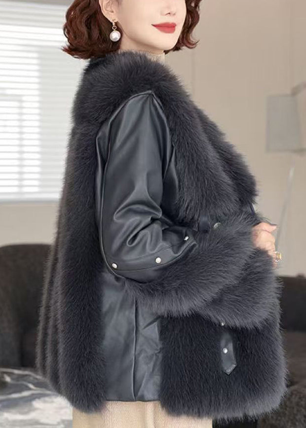 Black Pockets Patchwork Mink Velvet Coats V Neck Winter Rz023