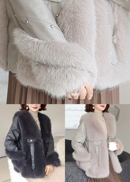 Black Pockets Patchwork Mink Velvet Coats V Neck Winter Rz023