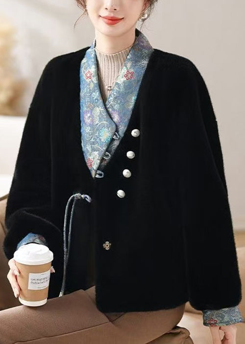Black Pockets Patchwork Mink Velvet Winter Coats V Neck Rc016
