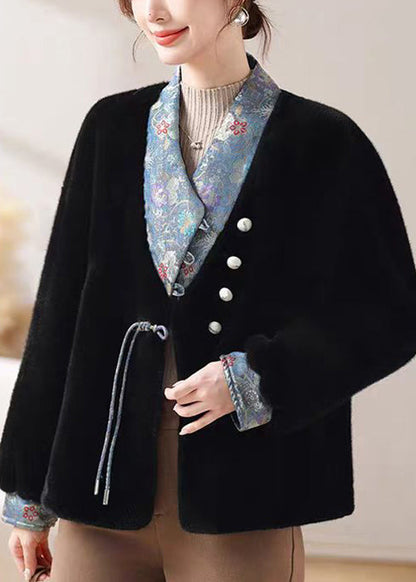 Black Pockets Patchwork Mink Velvet Winter Coats V Neck Rc016