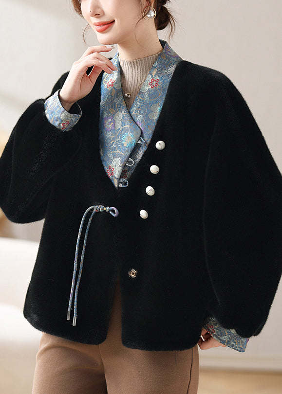 Black Pockets Patchwork Mink Velvet Winter Coats V Neck Rc016