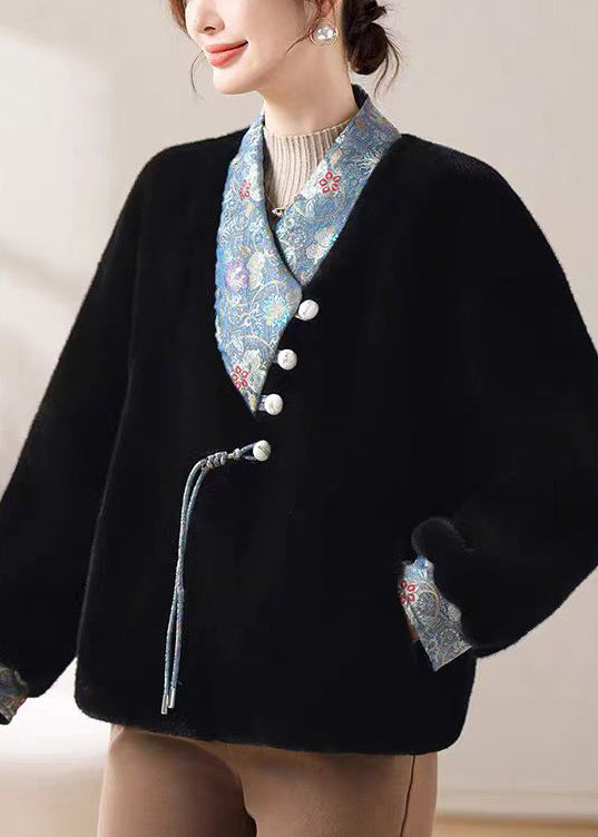 Black Pockets Patchwork Mink Velvet Winter Coats V Neck Rc016