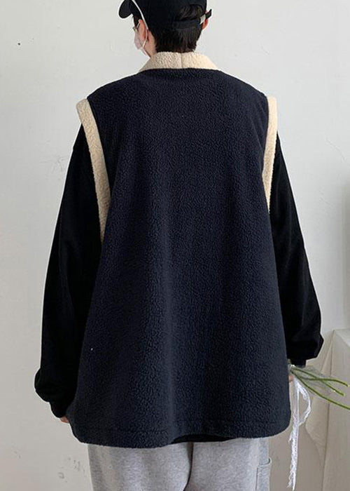 Black Pockets Patchwork Teddy Faux Fur Waistcoat V Neck Sleeveless Rj036