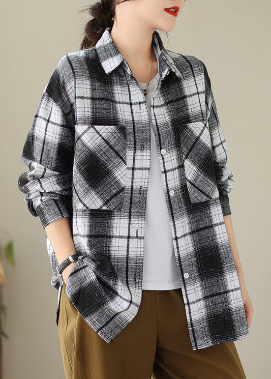 Black Pockets Plaid Cotton Shirts Coat Peter Pan Collar Fall Qo049