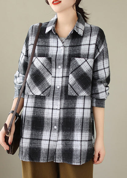 Black Pockets Plaid Cotton Shirts Coat Peter Pan Collar Fall Qo049