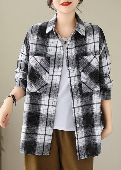 Black Pockets Plaid Cotton Shirts Coat Peter Pan Collar Fall Qo049