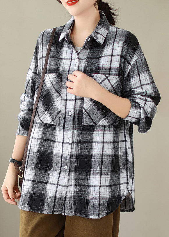 Black Pockets Plaid Cotton Shirts Coat Peter Pan Collar Fall Qo049