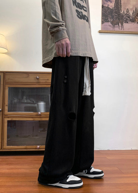 Black Pockets Cotton Fall Pants Elastic Waist Wa047