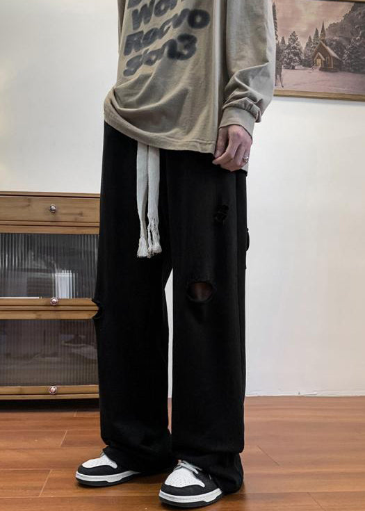 Black Pockets Cotton Fall Pants Elastic Waist Wa047