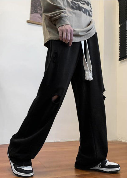 Black Pockets Cotton Fall Pants Elastic Waist Wa047