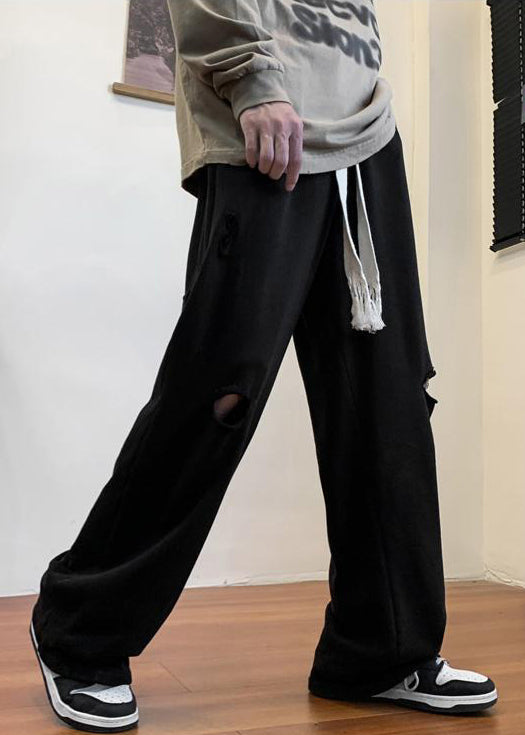 Black Pockets Cotton Fall Pants Elastic Waist Wa047