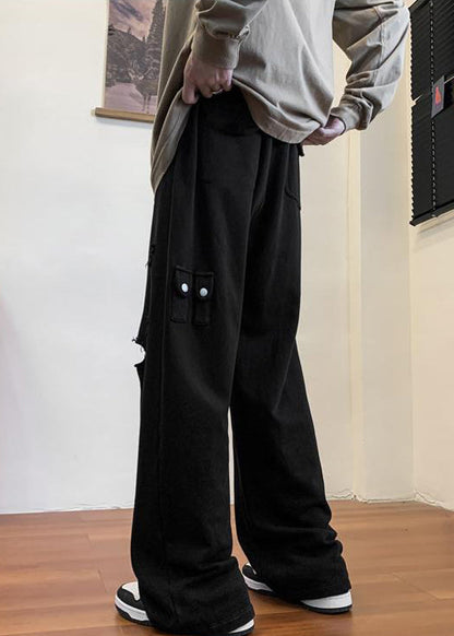 Black Pockets Cotton Fall Pants Elastic Waist Wa047