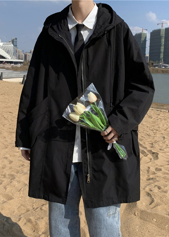 Black Pockets Cotton Coat Hooded Spring Yq016