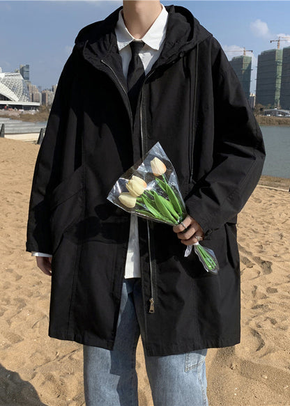 Black Pockets Cotton Coat Hooded Spring Yq016
