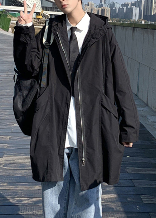 Black Pockets Cotton Coat Hooded Spring Yq016