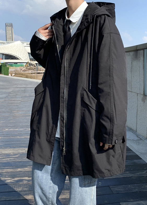 Black Pockets Cotton Coat Hooded Spring Yq016