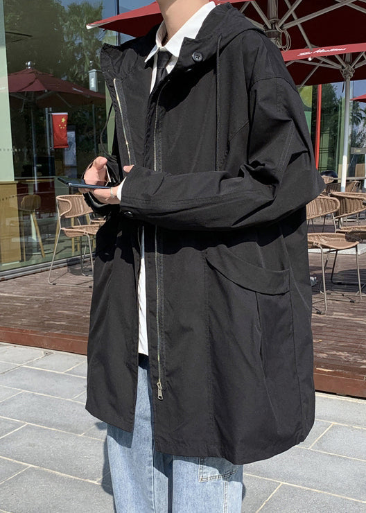 Black Pockets Cotton Coat Hooded Spring Yq016