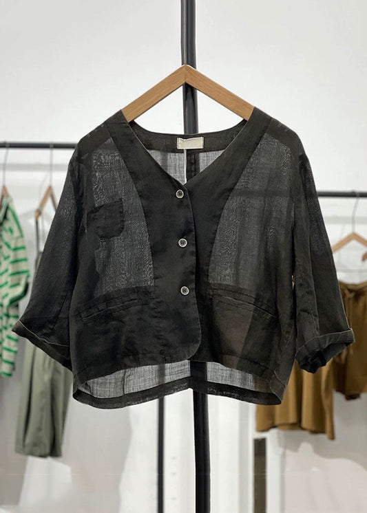 Black Pockets Linen Cardigan V Neck Long Sleeve Gg033