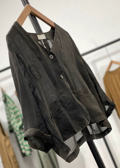 Black Pockets Linen Cardigan V Neck Long Sleeve Gg033