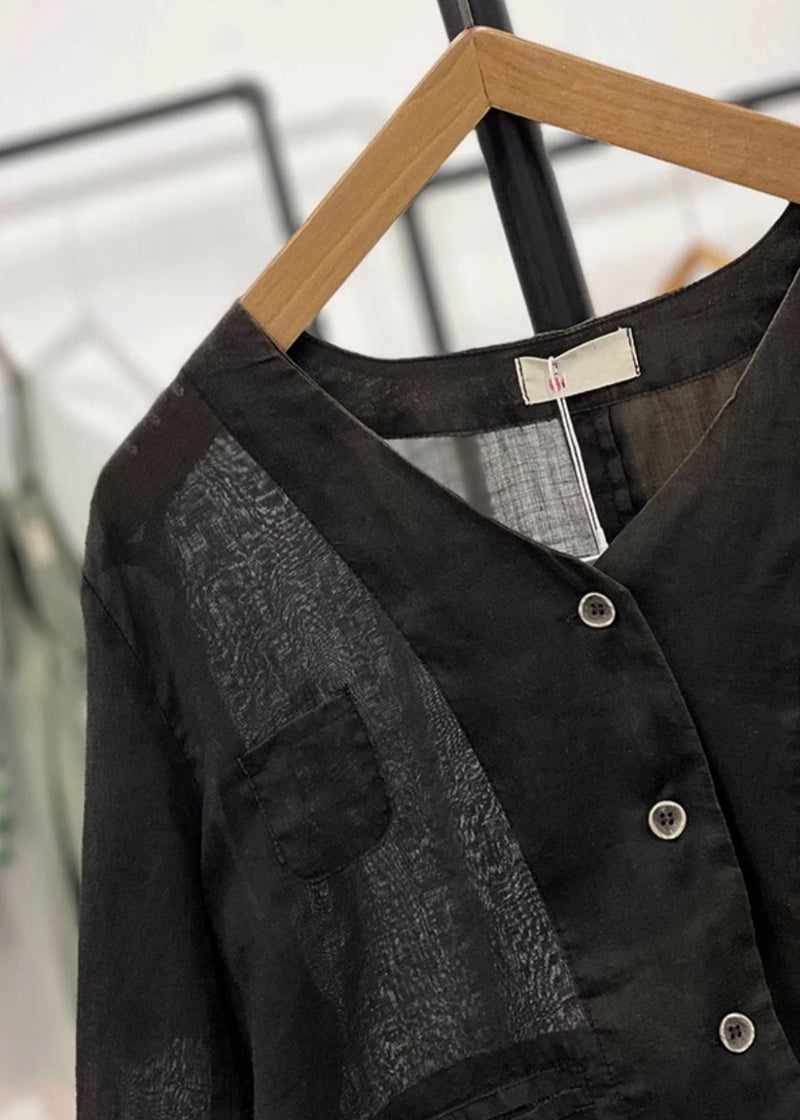 Black Pockets Linen Cardigan V Neck Long Sleeve Gg033