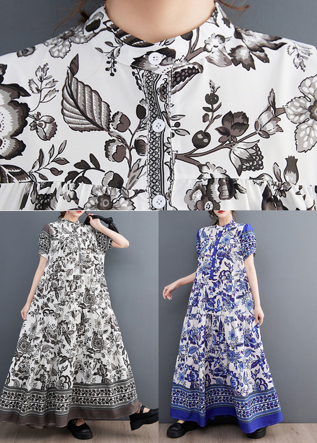 Blue Print Stand Collar Chiffon Long Dress Lantern Sleeve Ly1493