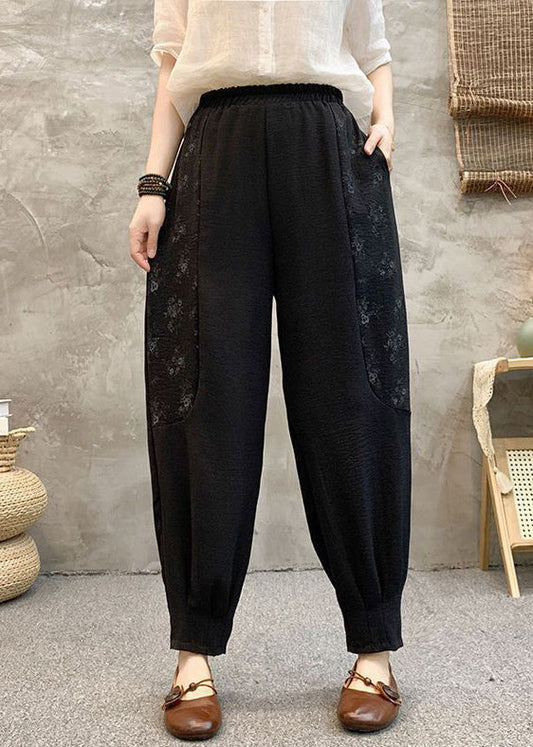 Black Print Pockets Cotton Summer Harem Pants High Waist Au1048