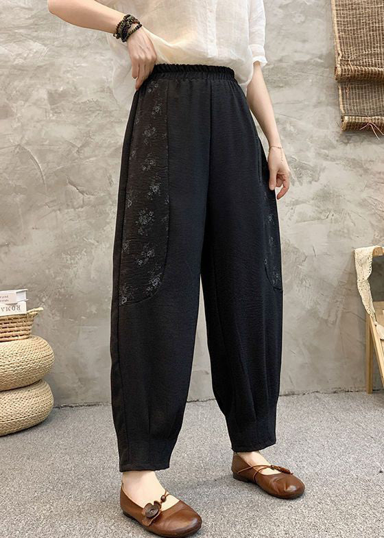 Black Print Pockets Cotton Summer Harem Pants High Waist Au1048