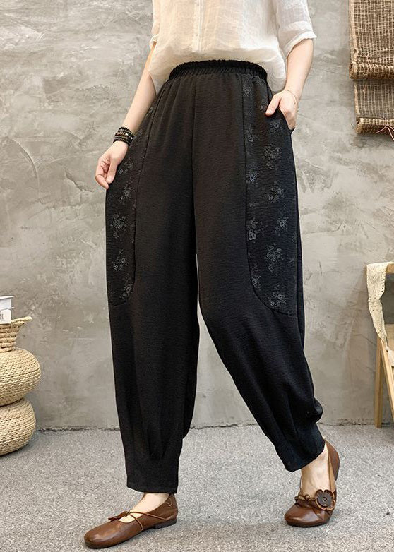 Black Print Pockets Cotton Summer Harem Pants High Waist Au1048