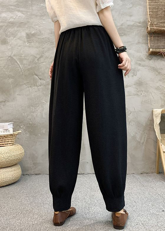 Black Print Pockets Cotton Summer Harem Pants High Waist Au1048
