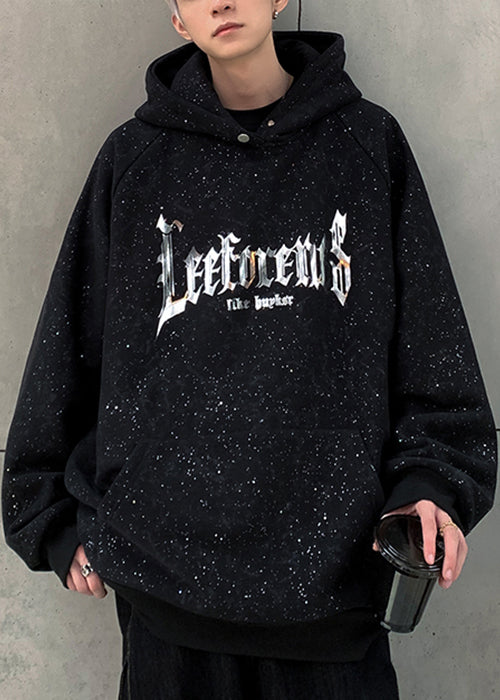 Cotton Pockets Spring Sequins Black Sweatshirt Hooded Print
