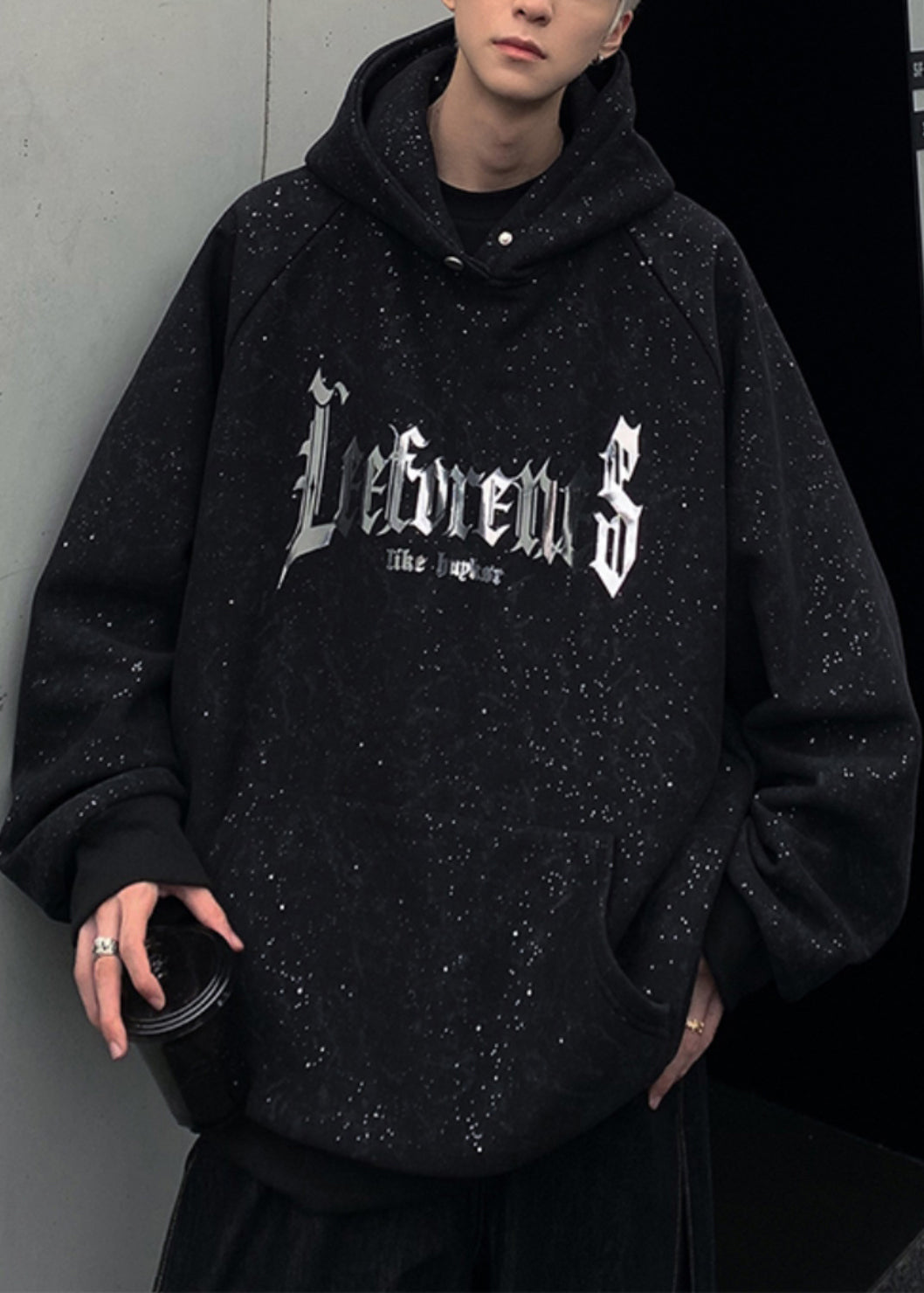 Cotton Pockets Spring Sequins Black Sweatshirt Hooded Print