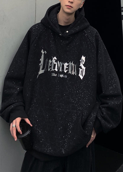 Cotton Pockets Spring Sequins Black Sweatshirt Hooded Print