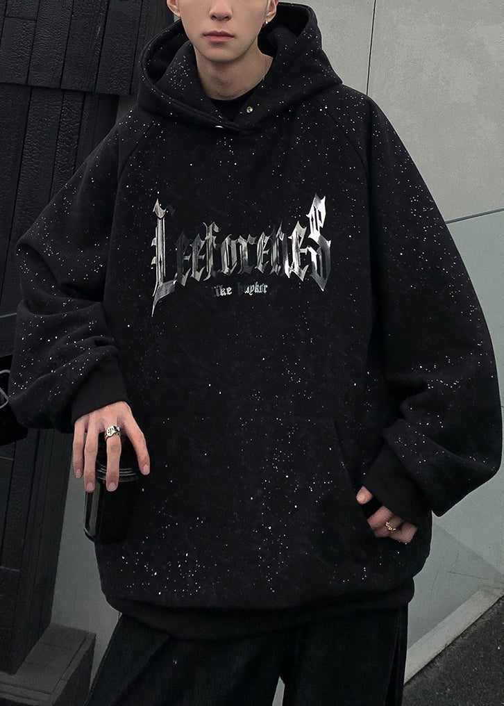 Cotton Pockets Spring Sequins Black Sweatshirt Hooded Print