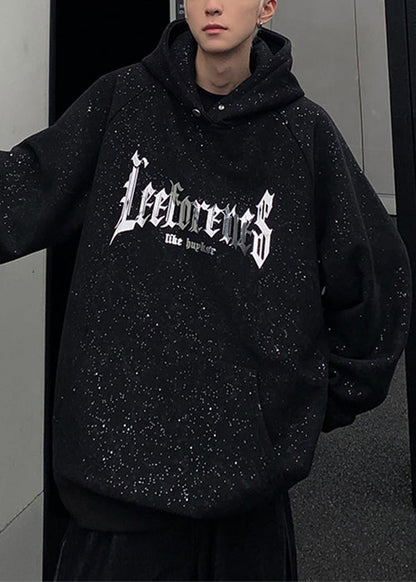 Cotton Pockets Spring Sequins Black Sweatshirt Hooded Print