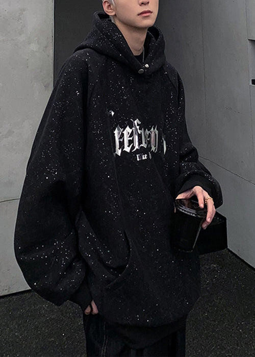 Cotton Pockets Spring Sequins Black Sweatshirt Hooded Print